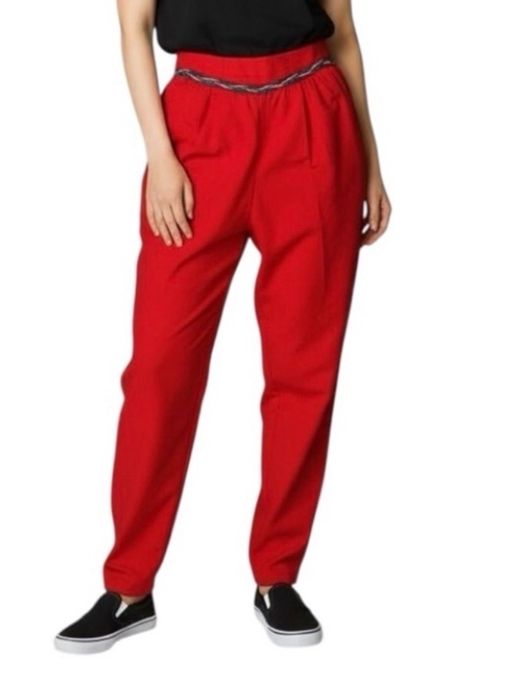 Vintage Sitting Pretty of California 80s Red Palazzo Pants with Colorful Trim S